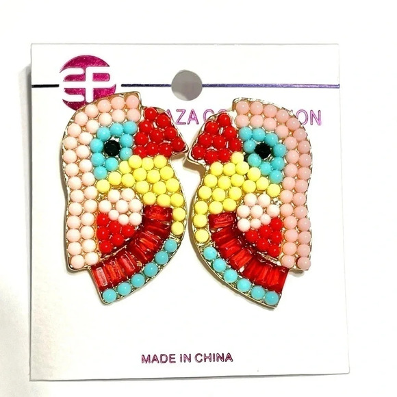 Faux Pearl & Rhinestone Multicolor Parrot Earrings Pierced Earrings 1.5” New - Picture 1 of 5